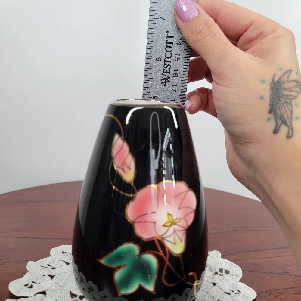 Vintage Andre R. Otagiri Black Bud Vase Crimson Rose Gold‎ Trim Made in Japan